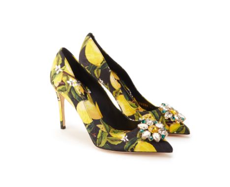 From a private Singaporean collection Lemon print Belluci pointed toe pumps with crystal embellishment, size EU 39 Matching i