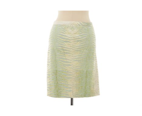From a private Singaporean collection
A pale blue and cream zebra print denim style skirt with clear beading, size XS
Roberto