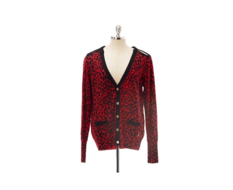 From a private Singaporean collection Black and red leopard print wool cardigan with bow detail on the back, size US L Juicy 