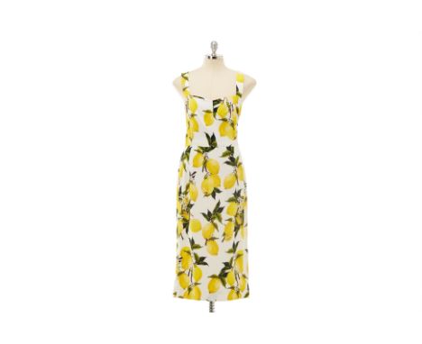 From a private Singaporean collection
Silk lined Sicily lemon print sleeveless midi sheath dress, with original swing tag att