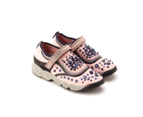 From a private Singaporean collection
Pink and black technical canvas embellished fusion sneakers with velcro closing, size E