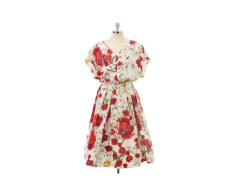 From a private Singaporean collection
Red and white poppy &amp; daisy silk blouse, size EU 48 and red and white poppy &amp; d