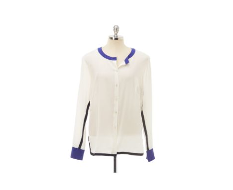From a private Singaporean collection
'Nendi' off white silk blouse with blue trim collar and cuffs, with original swing tag 