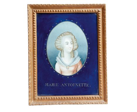 A pair of late 18th century Chinese reverse glass portrait paintings, of Louis XVI and Marie Antoinette, both titled, in carv