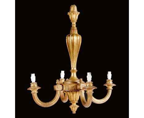 A pair of giltwood four-light chandeliers, with fluted and reeded decoration, 59.8cm high, together with a matching pair of t