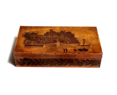 An early 19th century Swiss tin plate musical box by Henry Capt, the lid transfer printed with a view of a lake scene titled 