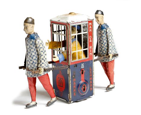 An early 20th century German tinplate clockwork 'Mandarin sedan chair' toy by Lehmann, with a seated figure in a yellow cloak