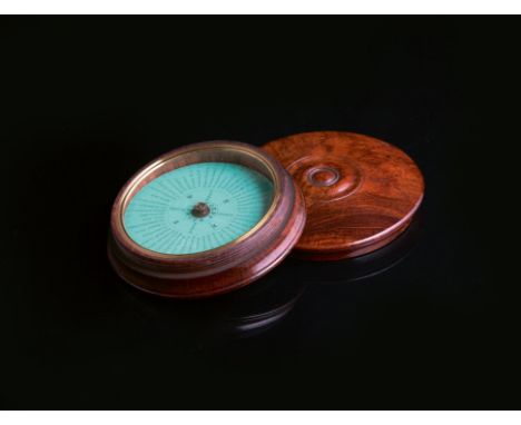 Great Exhibition interest. A rare Victorian mahogany pocket compass, the screw-off lid revealing a green card dial with vario