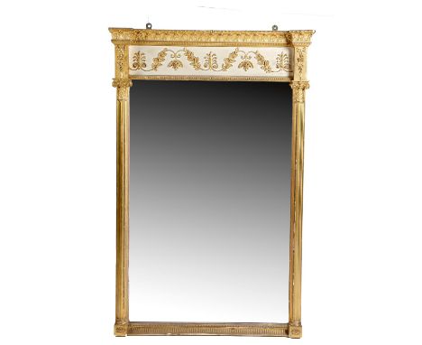 A Regency giltwood and gesso pier mirror, the rectangular plate flanked by a pair of reeded pilasters with Corinthian capital
