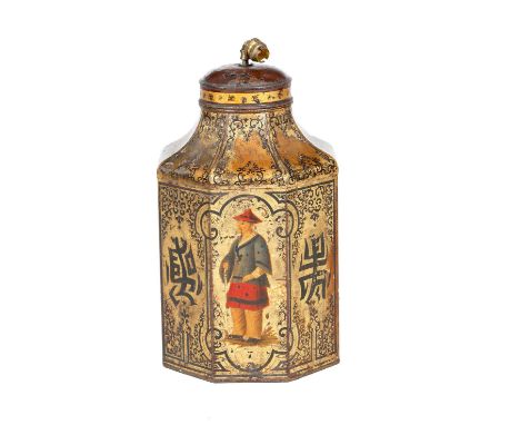 A 19th century tôle octagonal tea canister, later converted into a table lamp, decorated with a Chinaman and Chinese characte