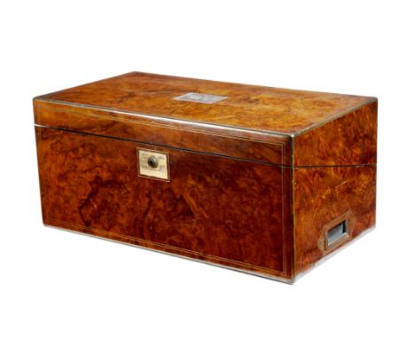 A Victorian burr walnut and brass mounted writing slope, the hinged lid inset  with a plaque inscribed 'George Turner Jan 11t