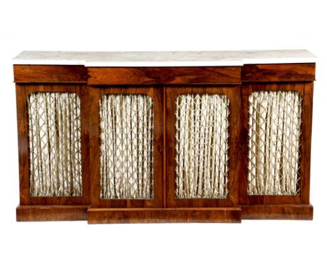 λ A 19th century rosewood breakfront bookcase, with a veined white marble top, above three frieze drawers and cupboards below