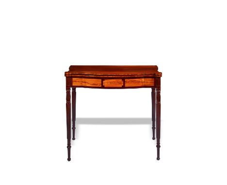 An American Federal mahogany and satinwood tea table attributed to John and Thomas Seymour of Boston, the shaped fold-over to