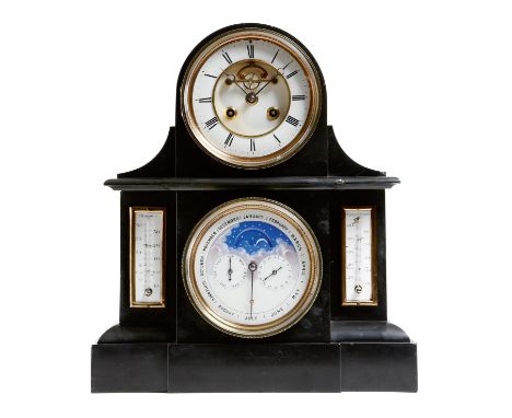 A late 19th century French black marble mantel clock, the eight day movement striking on a bell, the backplate stamped '3725 