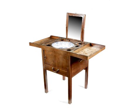 A George III mahogany gentleman's washstand, inlaid with stringing, the twin hinged top revealing an interior fitted with a b
