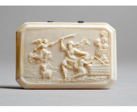 λ An 18th century ivory snuff box, the hinged lid relief carved with the Sacrifice of Isaac, 8.8cm wide.