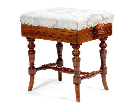 λ A late Victorian rosewood adjustable piano stool, with a Marsden's Leeds patent iron mechanism, with a silk damask seat, 47