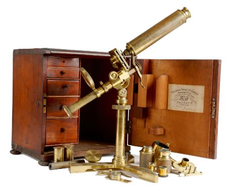 A William IV lacquered brass compound monocular microscope by Andrew Pritchard, the tripod foot signed 'A. Pritchard, 18 Pick