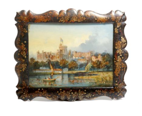 A Victorian reverse glass patent pearl picture of Windsor Castle by Lane of Brimingham, inlaid with mother of pearl, in a pap