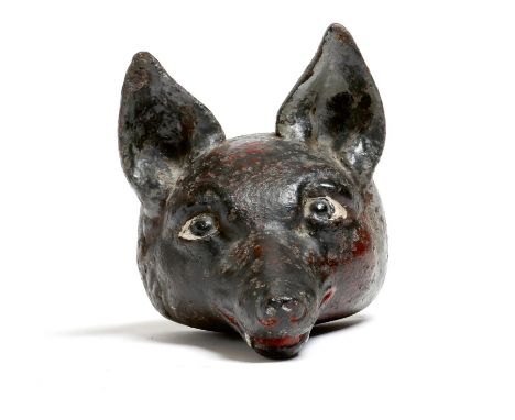 Hunting interest. A Victorian painted cast iron fox head doorstop, 14.7cm high.