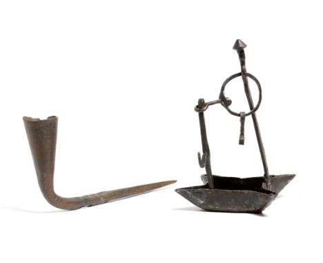 A wrought iron cruise lamp, with a suspension hook and four corner spouts, probably 19th century, together with an iron socke