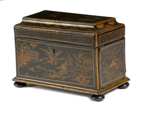 A black japanned tea caddy, decorated in gilt with part raised decoration with chinoiserie scenes, the interior with three di