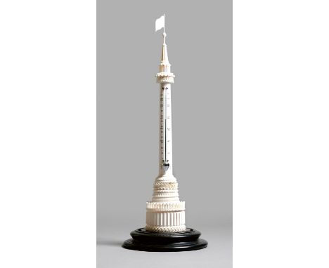 λ A large 19th century ornamentally turned and carved ivory thermometer, with a flag finial, 47.6cm high, on an ebonised plin