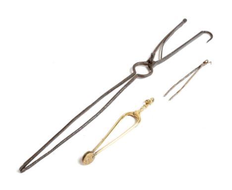A set of wrought iron ember tongs, with pipe tamper and hook ends, with initials 'M L', probably late 18th century, together 