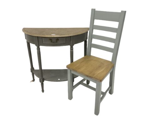 Traditional style demi lune console table, fitted with single drawer, raised on four turned supports united by under tier, to