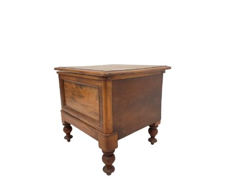 Victorian mahogany night commode, the hinged top revealing interior fitted with ceramic bowl, raised on turned supports W51cm