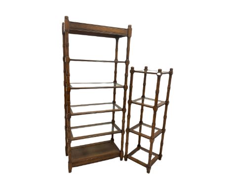 20th century hardwood five tier etagere, each shelf with inset glass panel, raised on turned supports, together with a smalle