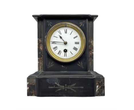 A French late 19th century 8-day timepiece mantle clock in a flat-topped Belgium slate case with variegated contrasting marbl