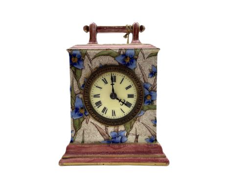 A continental porcelain table clock in the aesthetic style c1900, square case with carrying handle and decorative flowers in 