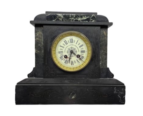 A  French 19th century mantle clock in a Belgium slate case with a flat top and stepped plinth, white enamel dial with gothic