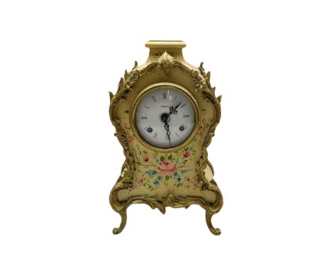 A 20th century spring driven mantle clock in the style of a 19th century French Boulle clock, with painted floral decoration,
