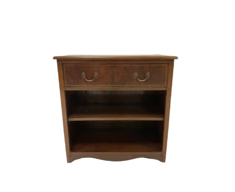 20th century mahogany low bookcase, fitted with one drawer with chequered inlay, over one fixed shelf 