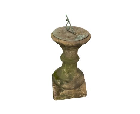 19th century sundial, the copper dial with Verdigris finish raised on a carved gritstone baluster column 