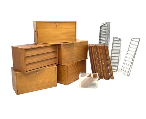 Vintage mid century teak Ladderax type modular wall unit, comprising open shelves, drawers, fall front cupboards, mounted on 