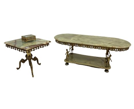 Figural gilt metal and onyx coffee table (L114cm, D50cm, H45cm), together with a similar lamp table (43cm x 43cm, H45cm), and