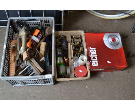 Three boxes of assorted hand tools, pipe fittings, solder etc