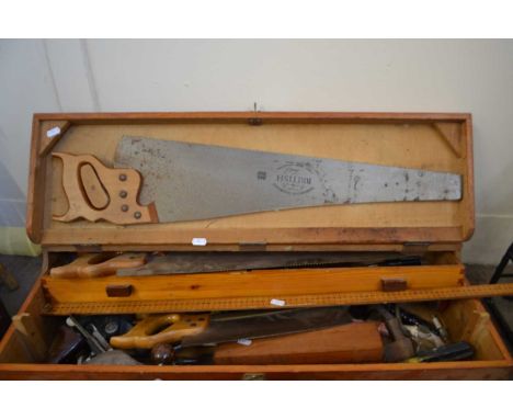 Wooden tool box and a quantity of assorted tools