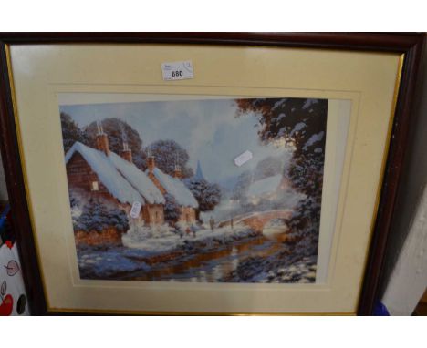 Calling the Ducks by Robert J Hammond, reproduction print together with another of a winter scene, both framed
