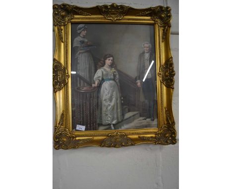 Reproduction print of a young girl coming down the stairs, gilt decorated frame