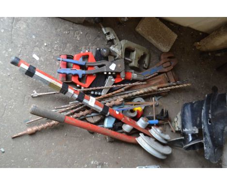 Quantity of assorted tools to include a pipe bender, drill bits etc