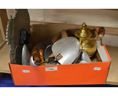 Box of assorted items, wall clock, shoe stretchers etc