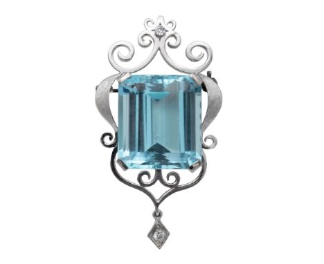 Continental Circa 1960 A large aquamarine and diamond pendant/brooch The step cut aquamarine of fine colour weighing approxim