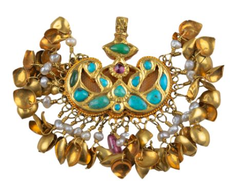 Indian Antique A double sided Indian gold, ruby, turquoise and pearl set fringe pendant  Weight: Approx. 15 grams 