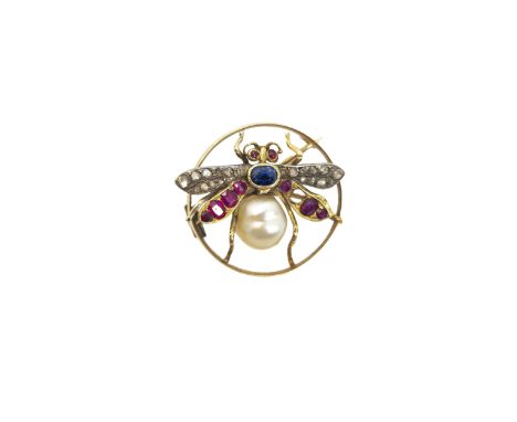 European Circa 1880 A natural pearl, ruby, sapphire and diamond bug brooch The thorax formed as a large single natural pearl,