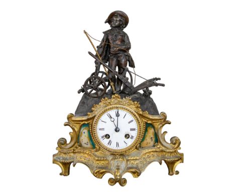 French 19th Century A figural ormolu mantel clock  To be sold without reserve  Dimensions: 13 in. (H) x 10.5 in. (W) x 4.5 in