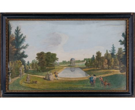 British 18th Century A pair of prints of Stowe House With elegant figures, cattle, and deer Hand-coloured etching on paper Di